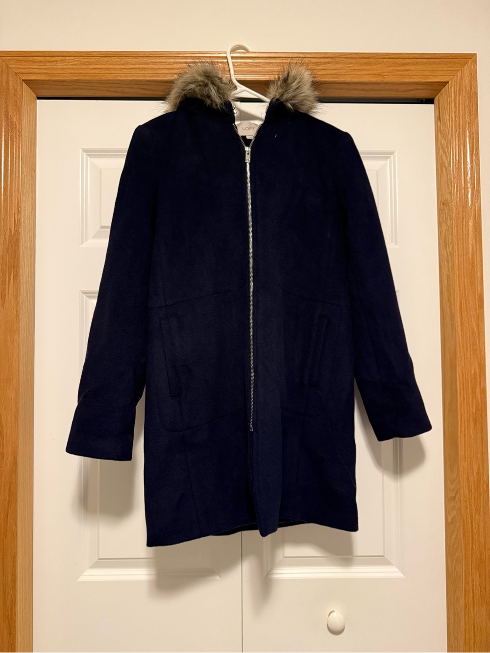 LOFT Navy Hooded Trench Coat with Faux-Fur Trim